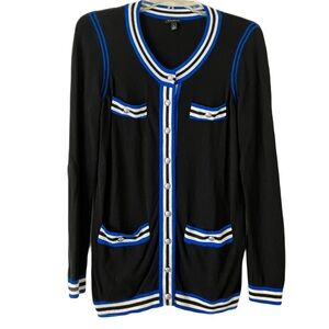 Talbots Cardigan, Black w/ Royal Blue & White Stripes, Sz. S, Cashmere Blend
